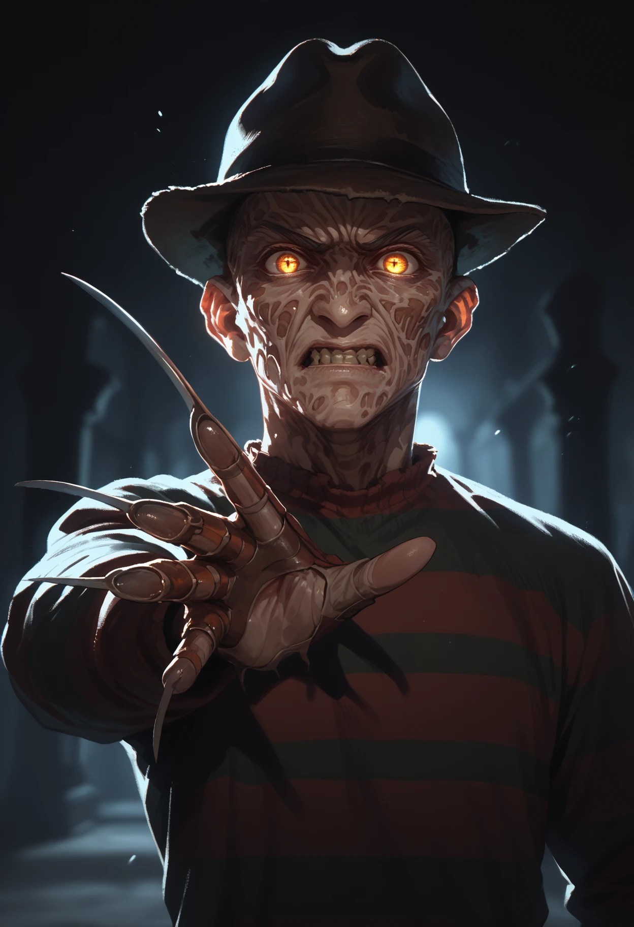 score_9, score_8_up, score_7_up, score_6_up, 1boy, monster, 
dark background, glowing eyes, silhouette, underlighting, 
single claw, reaching towards viewer, foreshortening, blurry foreground, clenched teeth, fisheye, claw,
<lora:freddy_krueger_v0.8-pony:1>