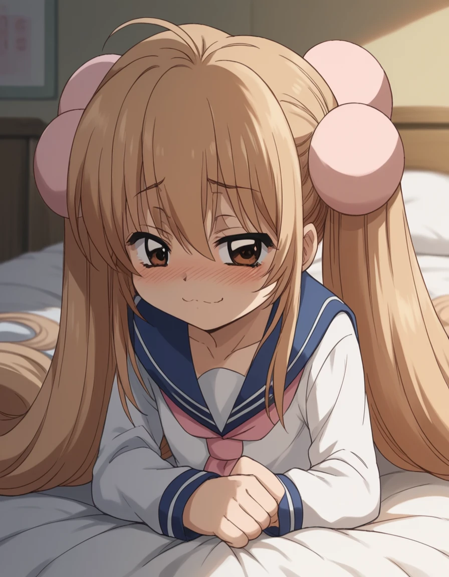 score_9, score_8_up, score_7_up, source_anime, <lora:rin-kokonoe-s1-ponyxl-lora-nochekaiser:1>, rin kokonoe, long hair, brown hair, hair ornament, twintails, brown eyes, very long hair, hair bobbles,, school uniform, serafuku, long sleeves,, indoors, bed, bed room, on side, blush, drunk,, , bent over, smug,, looking at viewer, solo,, dutch angle, cowboy shot