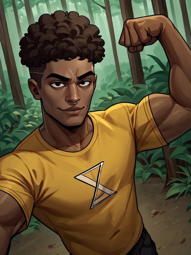 portrait of james_dvc man, dark skinned male, septum nose ring, dark brown hair, ((soul patch)), black eyes, muscular, flexing, selfie pose, looking at viewer, high angle,  <lora:James_Disventure_Camp:.8> outdoors, forest background, undercut, fro haircut, yellow shirt, (short afro),, score_9, score_8_up, score_7_up, <lora:Smooth Anime 2 Style SDXL_LoRA_Pony Diffusion V6 XL:.3>   <lora:add-detail-xl:.8>  zPDXL3,