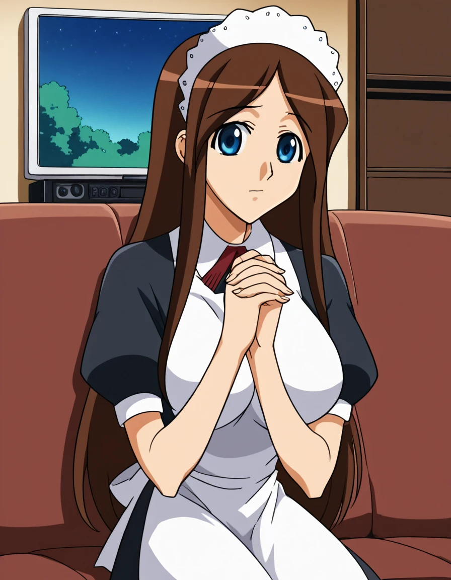 score_9, score_8_up, score_7_up, source_anime, <lora:sawawa-hiyorimi-s1-ponyxl-lora-nochekaiser:1>, sawawa hiyorimi, long hair, large breasts, brown hair, blue eyes,, pantyhose, apron, maid, maid headdress,, living room, television, couch, popcorn, watching movie, night time, sitting,, , <lora:gendou-pose-ponyxl-lora-nochekaiser:1>, gendou pose, own hands clasped, own hands together, parody,, looking at viewer, solo,, dutch angle, cowboy shot