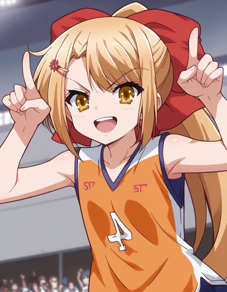 score_9, score_8_up, score_7_up, source_anime, <lora:miyu-aida-s1-ponyxl-lora-nochekaiser:1>, miyu aida, long hair, blonde hair, hair ornament, bow, yellow eyes, ponytail, hair bow, hairclip, red bow,, sportswear, basketball, basketball uniform, shorts, dolphin shorts, street market, vendor, street food, bustling crowd, local flavor, vibrant, smile, <lora:horns-pose-ponyxl-lora-nochekaiser:1>, horns pose, index fingers raised, angry, steam, open mouth, shouting, anger vein,, looking at viewer, solo,, dutch angle, cowboy shot