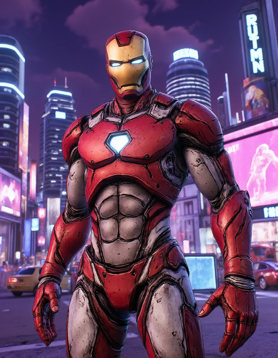 Iron Man standing in neonpunk city , cel shading<lora:Borderlands_3:1>