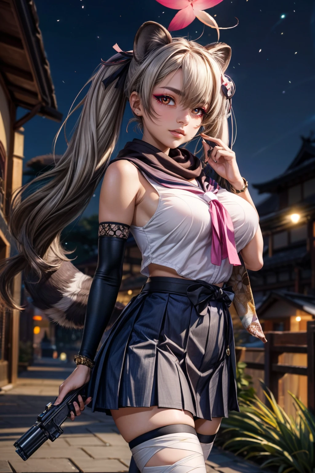 (ultra realistic,32k, masterpiece:1.2),(high detailed skin:1.1),( high quality:1.1), <lora:IllyasvielVonEinzbern_v1:0.7>, zzIllya, looking at viewer, night, outdoors, sky, BREAK,   <lora:Michiru_BlueArchive_Citron:0.8>, zzMichiru, animal ears, grey hair, long hair, raccoon ears, raccoon girl, halo, twintails, yellow eyes, hair between eyes, ,multicolored hair, tail, raccoon tail, hair ornament, ahoge, fang , black pantyhose, black scarf, neckerchief, ninja, pleated skirt, serafuku, sleeveless, blue skirt, eyeshadow, bridal gauntlets, holding gun, ribbon, bandaged leg, japanese clothes, shoes,   ,BREAK,  blooming stars, luminescent petals, otherworldly fragrance blurry background, (looking at viewer, standing:1.1), huge breast, large breast, <lora:add_detail:0.92>, (glowwave:1.1),