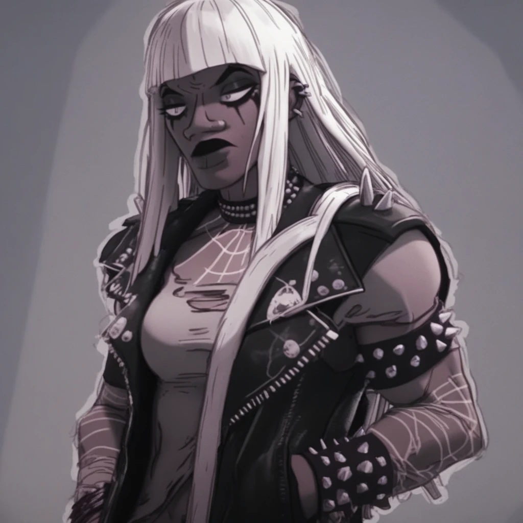 female focus, solo focus, solo, score_9, score_8_up, score_7_up, <lora:Spoderpunkstyle:1> 1 girl, Spiderpunkstyle, SPmonochrome, dark skin, dark0skinned female, white hair, long hair, hime cut, hime, muscular, muscular female, jacket, black jacket, goth, goth girl