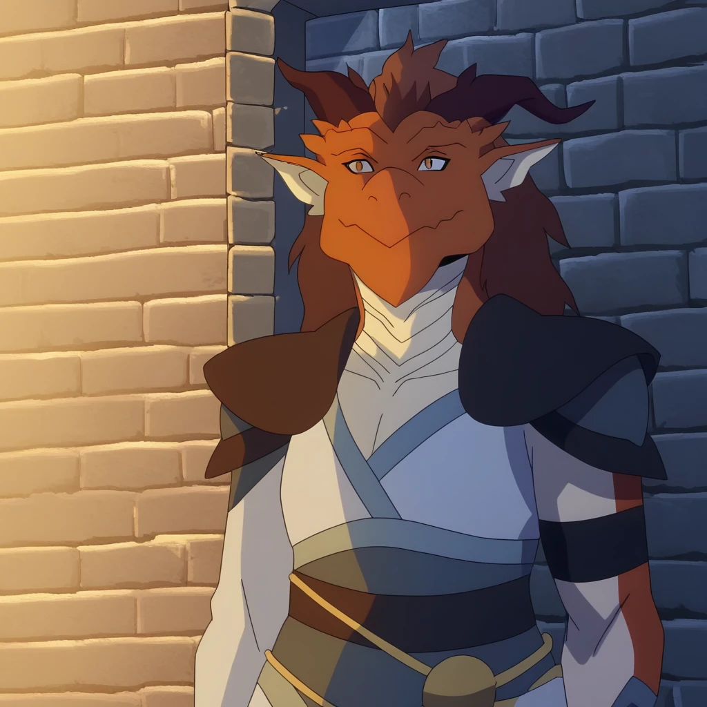 dohla lorian, female, anthro, furry, dragon, dragonborn, scalie, orange scales, orange body, white scales, white body, orange eyes, white sclera, horns, solo, horns, furry, upper body, smile, brown hair, long hair, brick wall, door, stone wall, brick wall, house, medieval, closed mouth, female focus, female furry, female anthro, shoulder armor, shoulder guards, blue clothing, masterpiece, ultra detailed, high quality,