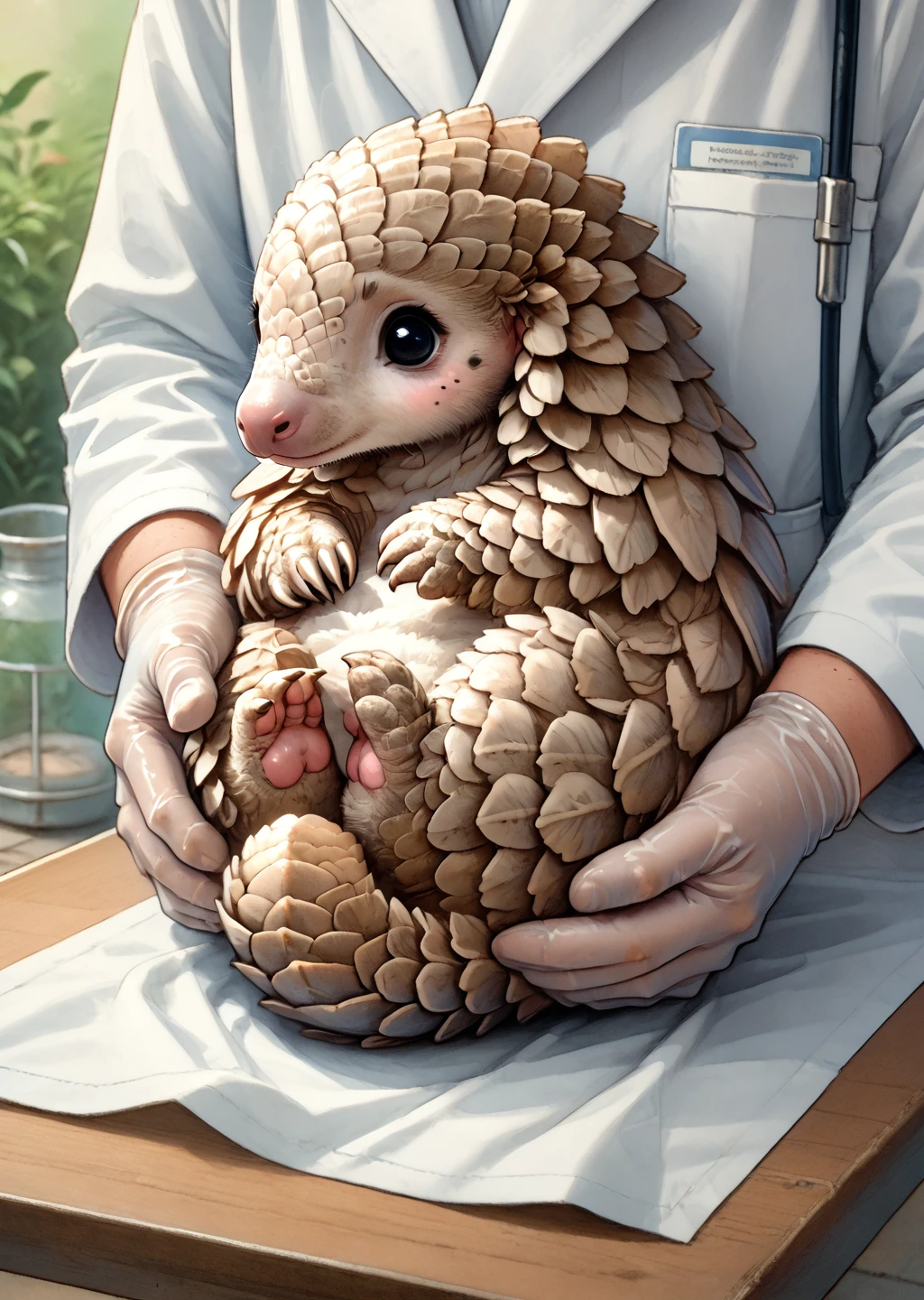 score_9, score_8_up, score_7_up, score_6_up, score_5_up, score_4_up, vetcheck, human, 1girl, veterinarian, lab coat, rubber gloves, inspection, hands, holding animal, animal focus, inspection table, cute female furry feral pangolin, green skin, no fur, sitting, nervous, high angle, nature background, source_furry, source_furry  <lora:Pangolin [Pony]_epoch_10:1> pangolin, feral <lora:Veterinarian_inspection:0.7>