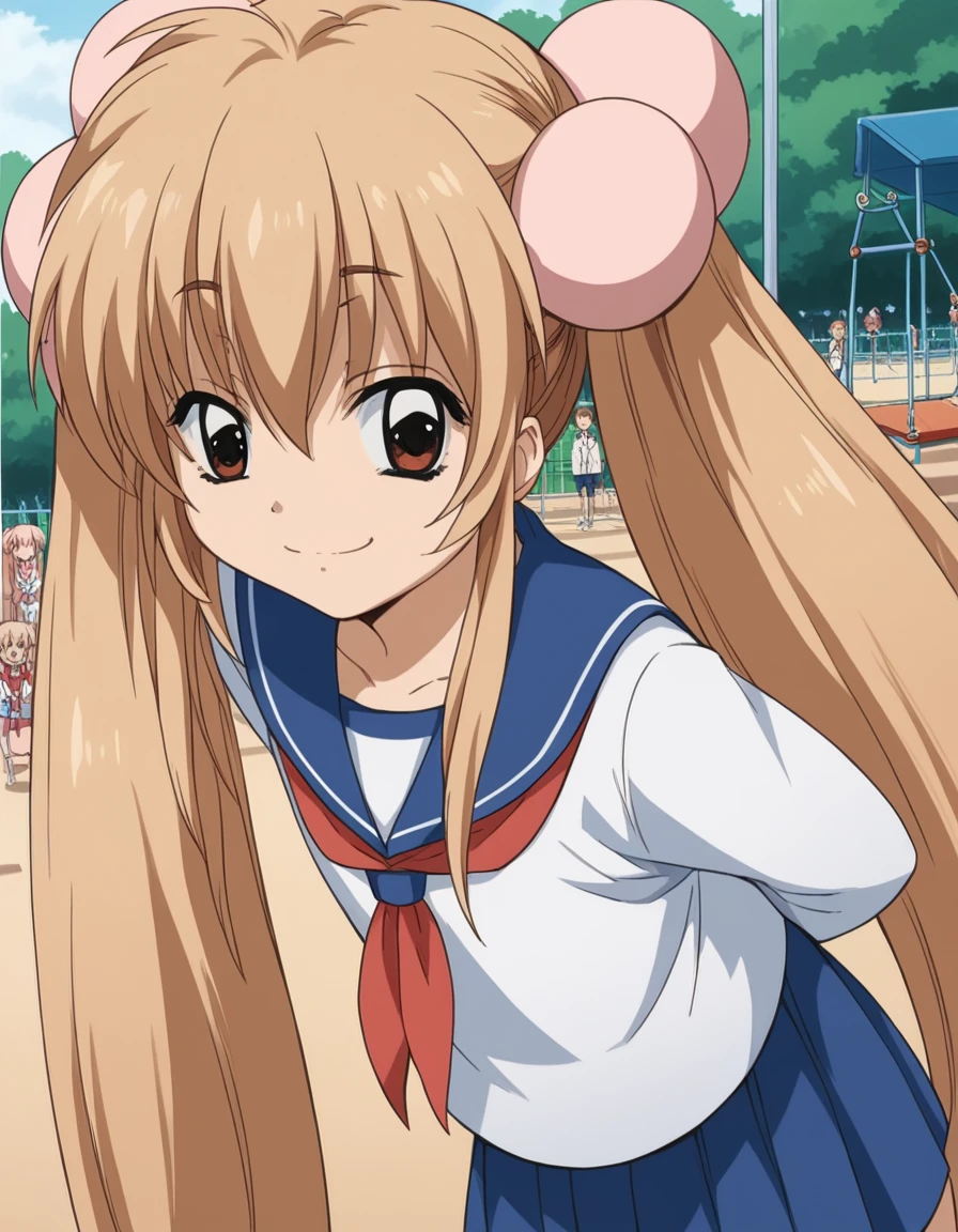 score_9, score_8_up, score_7_up, source_anime, <lora:rin-kokonoe-s1-ponyxl-lora-nochekaiser:1>, rin kokonoe, long hair, brown hair, hair ornament, twintails, brown eyes, very long hair, hair bobbles,, school uniform, serafuku, long sleeves,, public park, playground, swing set, laughter, sunny day, smile, hands behind back, bent over,, looking at viewer, solo,, dutch angle, cowboy shot