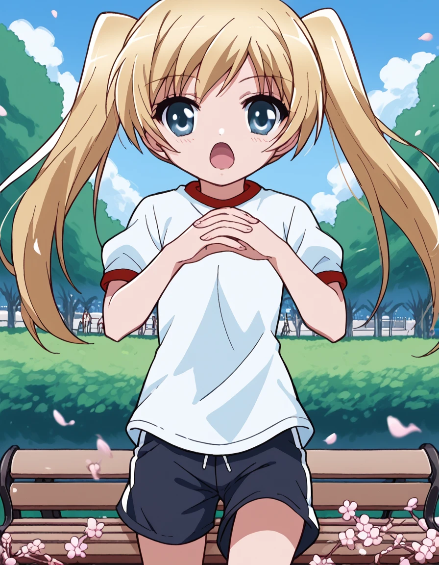 score_9, score_8_up, score_7_up, source_anime, <lora:maho-misawa-s1-ponyxl-lora-nochekaiser:1>, maho misawa, long hair, blue eyes, blonde hair, twintails,, gym uniform, shorts, black shorts, dolphin shorts, park, cherry blossoms, bench, gentle breeze, peaceful, running, open mouth,, , <lora:gendou-pose-ponyxl-lora-nochekaiser:1>, gendou pose, own hands clasped, own hands together, parody,, looking at viewer, solo,, dutch angle, cowboy shot