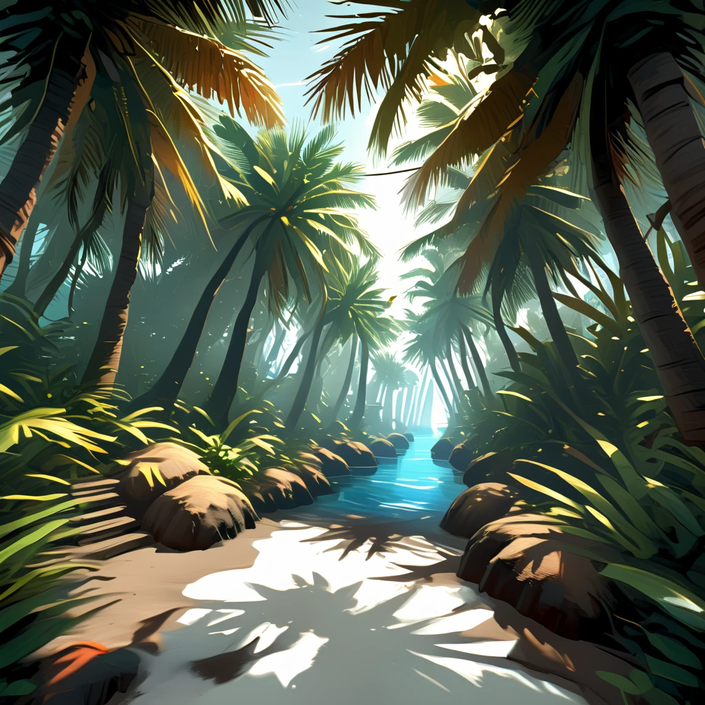 {Coconut Grove}, Archipelago biome, first person view perspective, rpg game, in the style of fantasy, volumetric lighting, natural lighting, natural shadows, vector art, digital art,  <lora:artfullyMAP1P:1>, artmap1p,