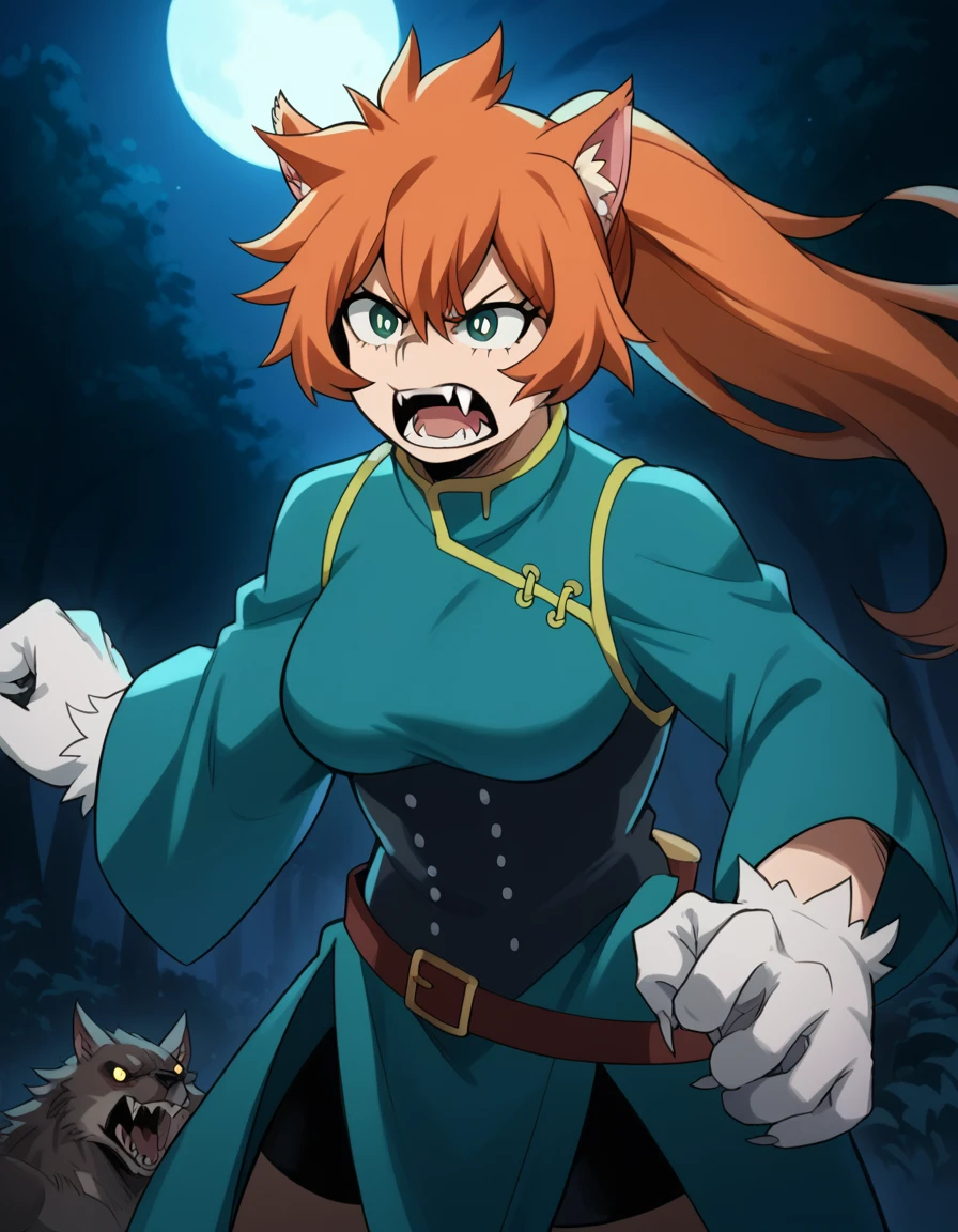 score_9, score_8_up, score_7_up, source_anime, <lora:itsuka-kendou-s5-ponyxl-lora-nochekaiser:1>, itsuka kendo, long hair, green eyes, ponytail, orange hair, large breasts,, <lora:werewolf-ponyxl-lora-nochekaiser:1>, werewolf, furry, fangs, animal ears, gloves, angry, teeth, animal ear fluff,, forest, night, moon, open mouth, , dutch angle, cowboy shot