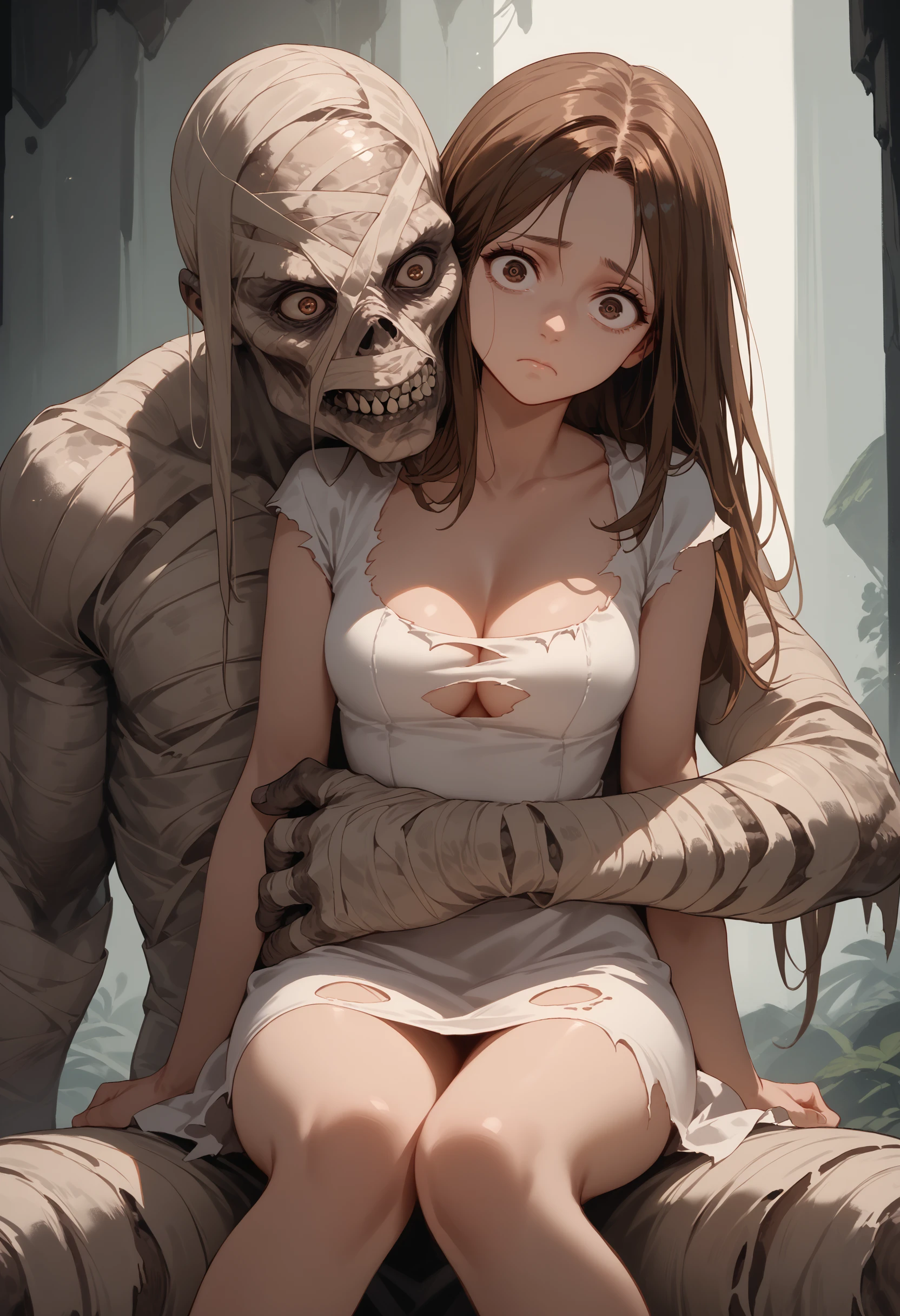 score_9, score_8_up, score_7_up, score_6_up, 1girl, brown hair, sitting on lap, brown eyes, 
monster, short dress, cleavage, torn dress, white dress, knees together feet apart, long hair, arm around waist, looking at viewer, blank eyes, worried, 
<lora:mummy_v1.0-pony:1>