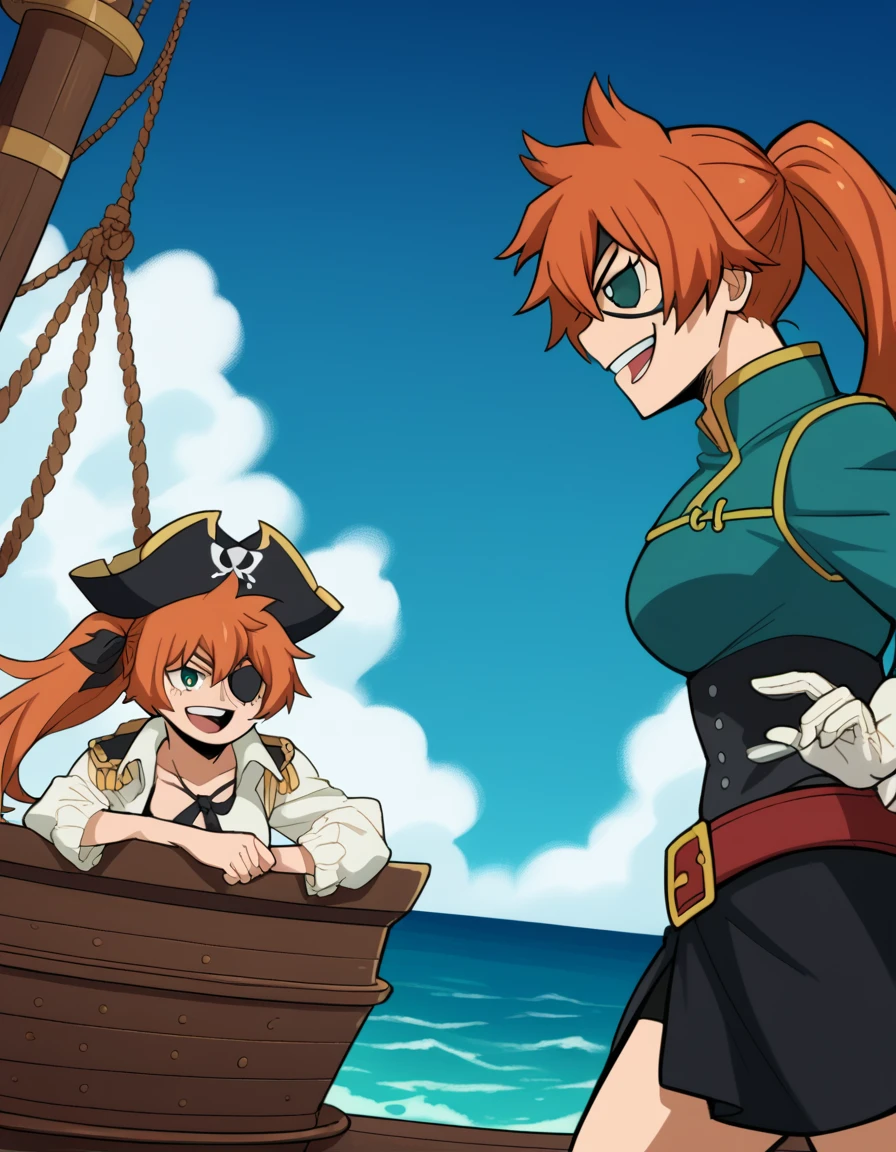 score_9, score_8_up, score_7_up, source_anime, <lora:itsuka-kendou-s5-ponyxl-lora-nochekaiser:1>, itsuka kendo, long hair, green eyes, ponytail, orange hair, large breasts,, <lora:pirate-costume-ponyxl-lora-nochekaiser:1>, pirate costume, pirate hat, skirt, gloves, jacket, shirt, eyepatch,, blue sky, sea, ocean, pirate ship, treasure, gold, smug, open mouth, from below, sitting,, , dutch angle, cowboy shot