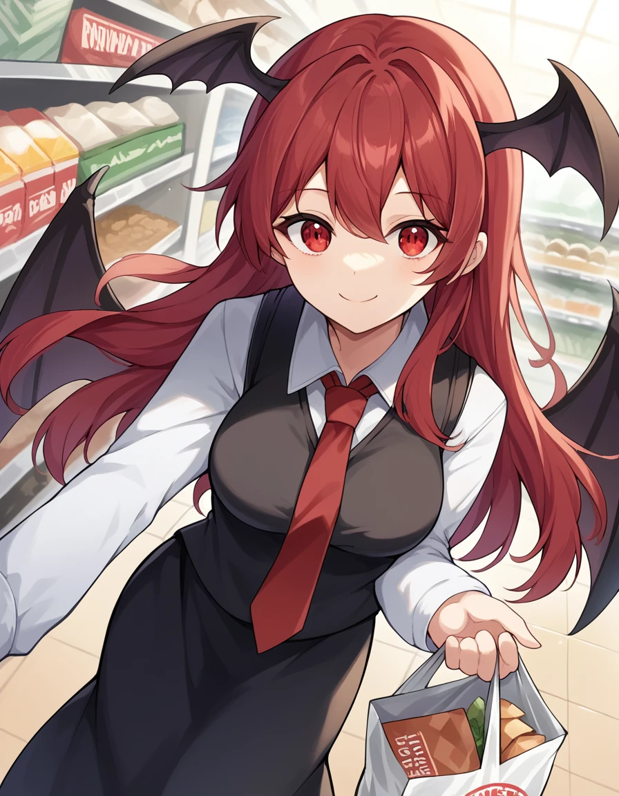 score_9, score_8_up, score_7_up, source_anime, <lora:koakuma-ponyxl-lora-nochekaiser:1>, koakuma, red eyes, red hair, long hair, sidelocks, medium breasts,, bat wings, black dress, black pantyhose, black skirt, black vest, dress, head wings, long sleeves, multiple wings, necktie, pantyhose, red necktie, shirt, skirt, vest, white shirt, wings,, grocery store, cashier, shopping bag, scanning items, small talk, everyday routine, smile, from above,, looking at viewer, solo,, dutch angle, cowboy shot