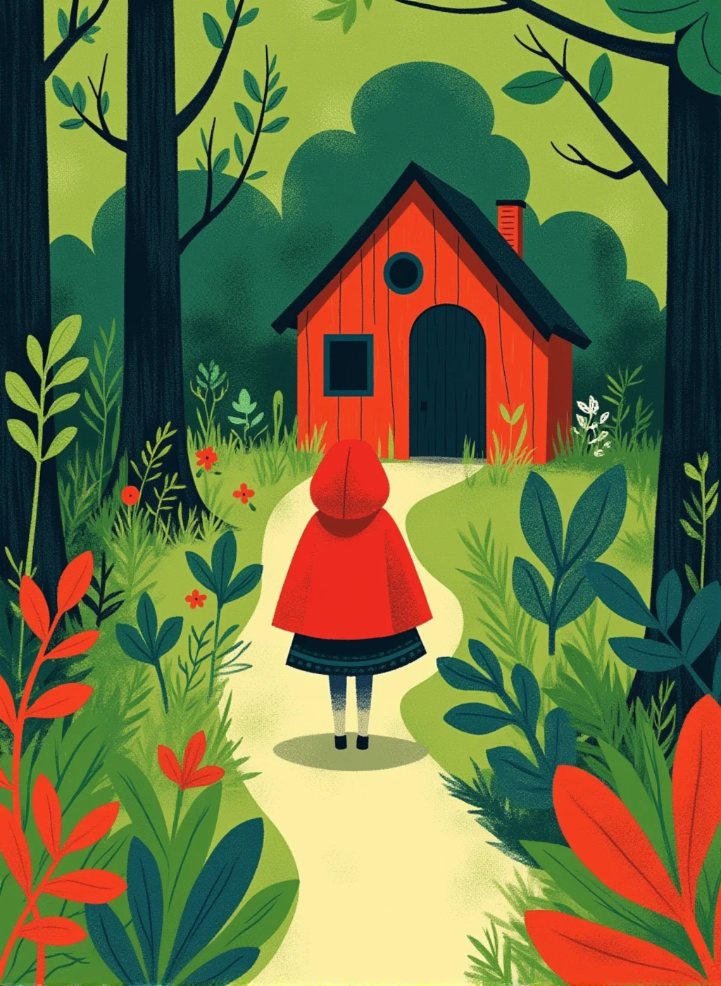 r0ygb1v This image is a digital illustration depicting an extreme closeup of a Little Red Riding Hood character approaching a quaint cute stylized cabin in a forest, the plants have brush texture and dappling, minimalist shapes, simple colors, abstract