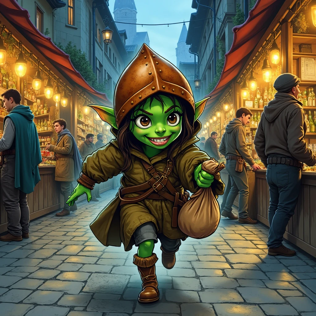 Imagine an image in the style of detailed graphic novel artwork:
A cunning goblin thief scurries through a bustling medieval marketplace at twilight. She wears a patched leather tunic, her small frame darting between stalls. A rusty copper norman helmet sits atop her head, too large and comically tilted to one side. Her bright green skin contrasts sharply with the warm glow of lanterns lighting the market. One hand clutches a sack of stolen goods, while her mischievous grin reveals sharp teeth. In the background, unaware merchants haggle with townsfolk as shadows stretch across the cobblestone streets.