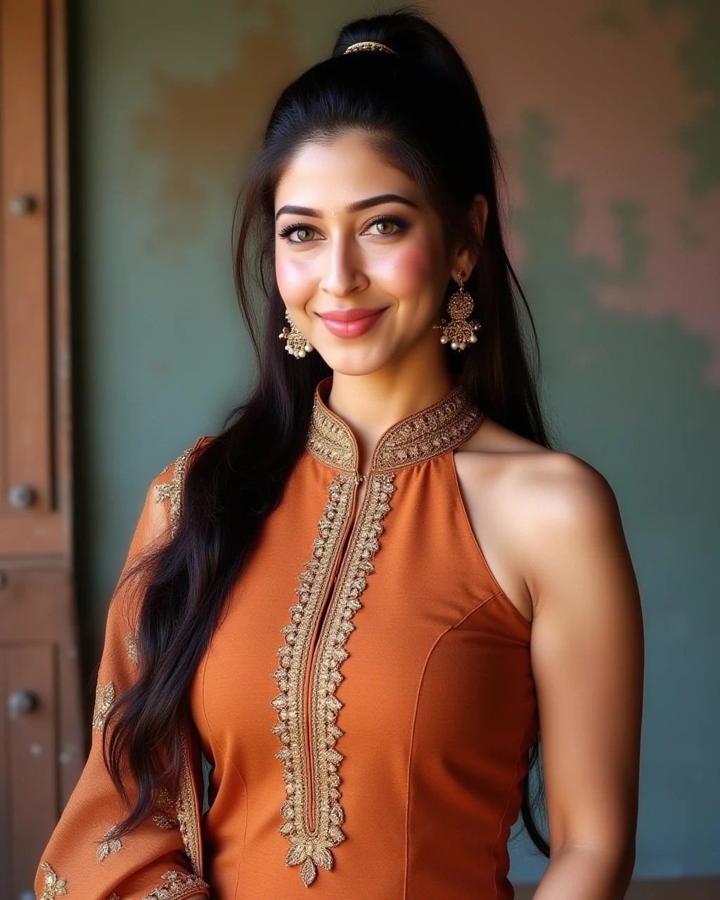 full body photo of sonarika bhadoria woman,paparazzi photo, smiling face,studio quality, wearing intricate high neck elegant Cinnamon sleeveless Kashmiri Pashmina Suit, high ponytail, darker pastel shaded multicolored background<lora:TestBed\Sonarika_Bhadoria_Flux_Kohya_V1-000002.safetensors:1.0:1.0>