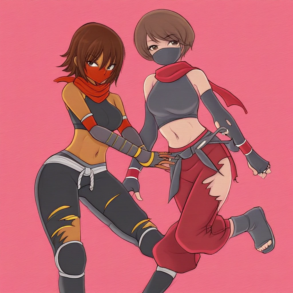 DOALisa, short hair, brown hair, dark-skinned female, ninja clothes, mouth mask, ninja mask, red scarf, black crop top, halterneck, bare shoulders, navel, elbow gloves, fingerless gloves, red harem pants, torn gray skirt, ninja boots,