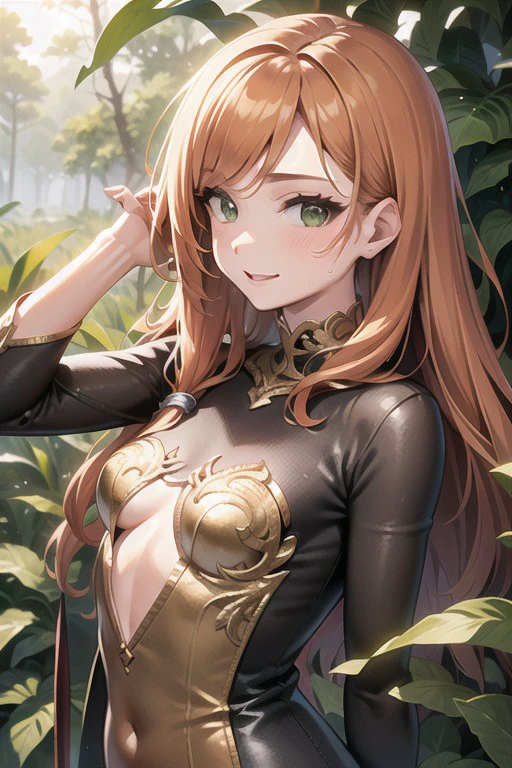 intricate details, finely detailed, <lora:Add Detail:0.4>, (masterpiece), best quality, high resolution, highly detailed, detailed background, thin, small size, green eyes, large breasts, jungle, vine, moss, brown gloves, brown boots, explorer outfit with intricate details, determined, upper body, close up, smile