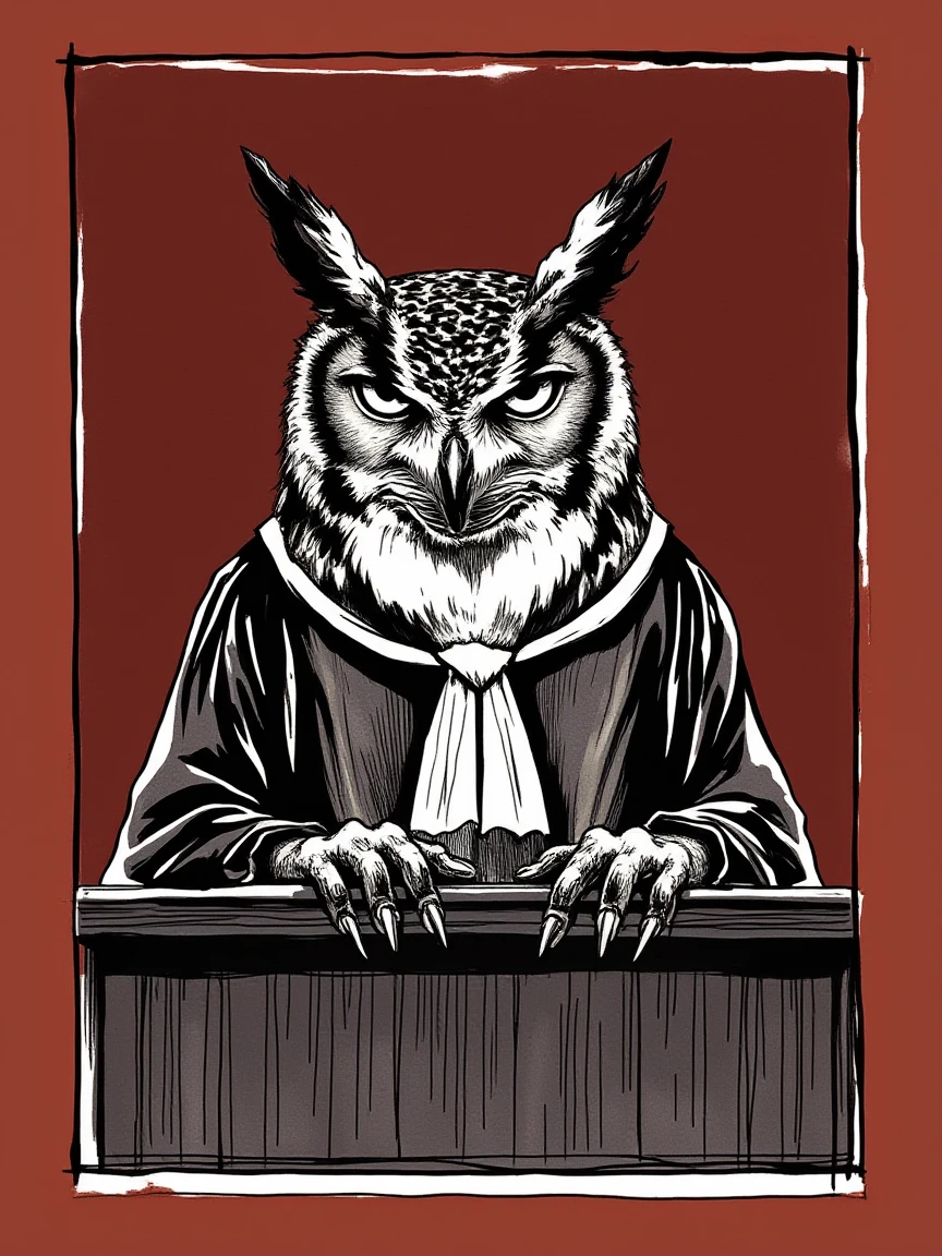 1nk3d0wl An illustrated image of an owl as a judge in a courtroom setting. background is maroon, frame is brown with thin white border, <lora:inkedgemono-simple_epoch-08:1.0>