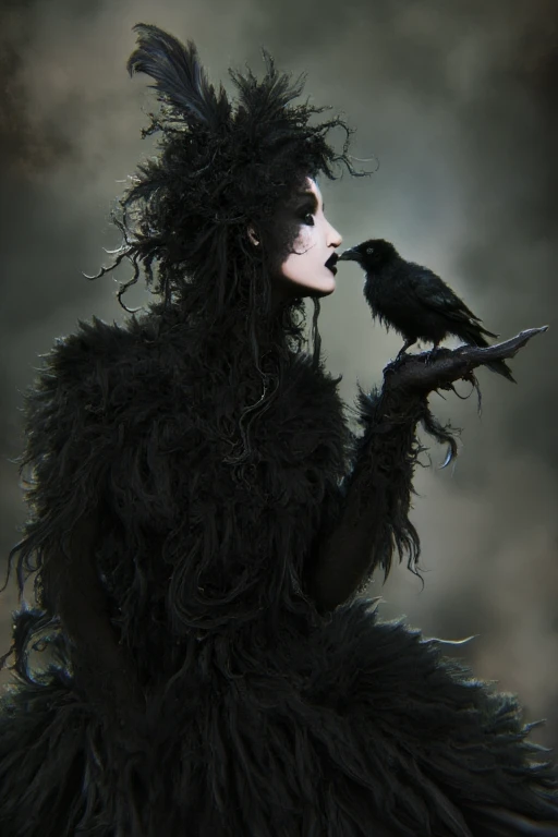 a beautiful woman wearing a dress made of black feathers with black feathers in her hair and dripping black makeup kissing a beautiful crow that is perched on her hand