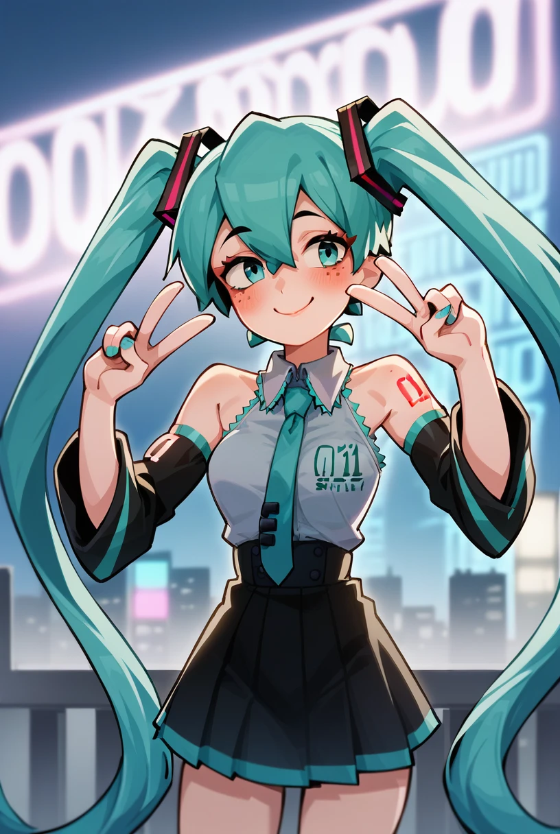 score_9, score_8_up, score_7, aesthetic, expressive, source_cartoon, BREAK, female focus, 
upperbody, 1girl, double v, peace sign, city skyline, neon lights, Hatsune Miku, twintails, long blue hair, aqua eyes, dress shirt, exposed shoulders, detached sleeves, skirt, slight blush, looking at viewer, smile, warm lighting, rich color, vibrant,