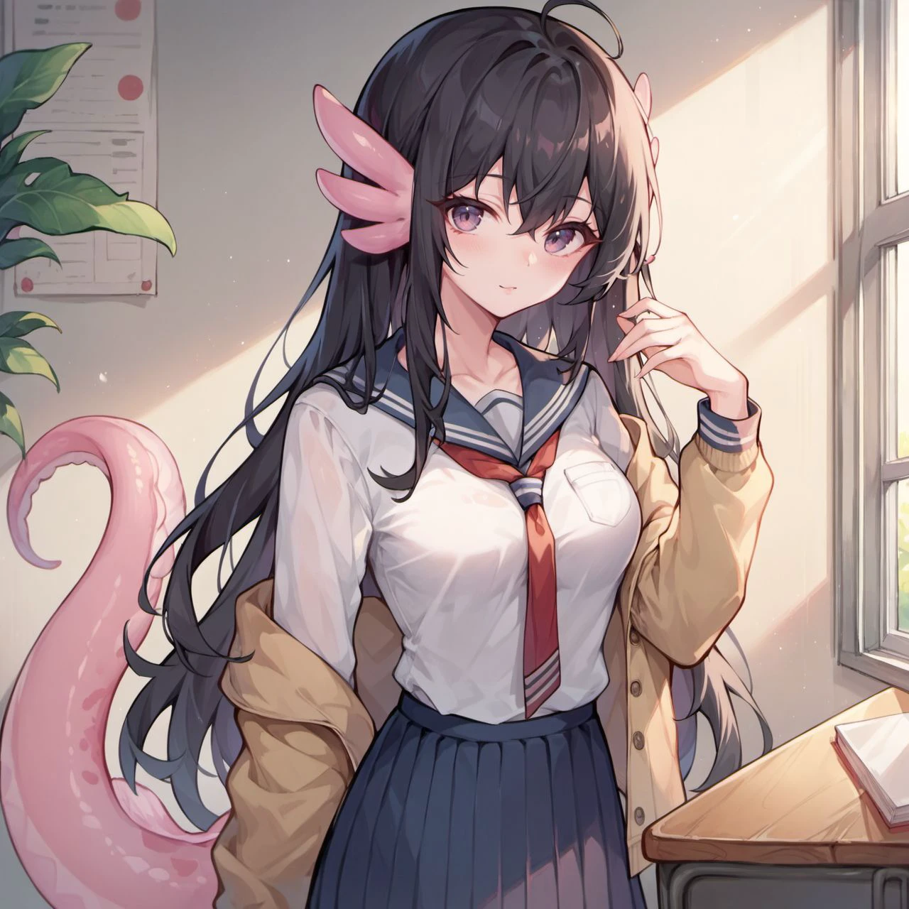 score_9, score_8_up, score_7_up, score_6_up, Moelotl, salamander tail,
1girl, solo, long hair, black hair, medium breasts, looking at viewer, tail, school uniform, lunchbox,
<lora:Moelotl_race_v1-000005:0.9>,