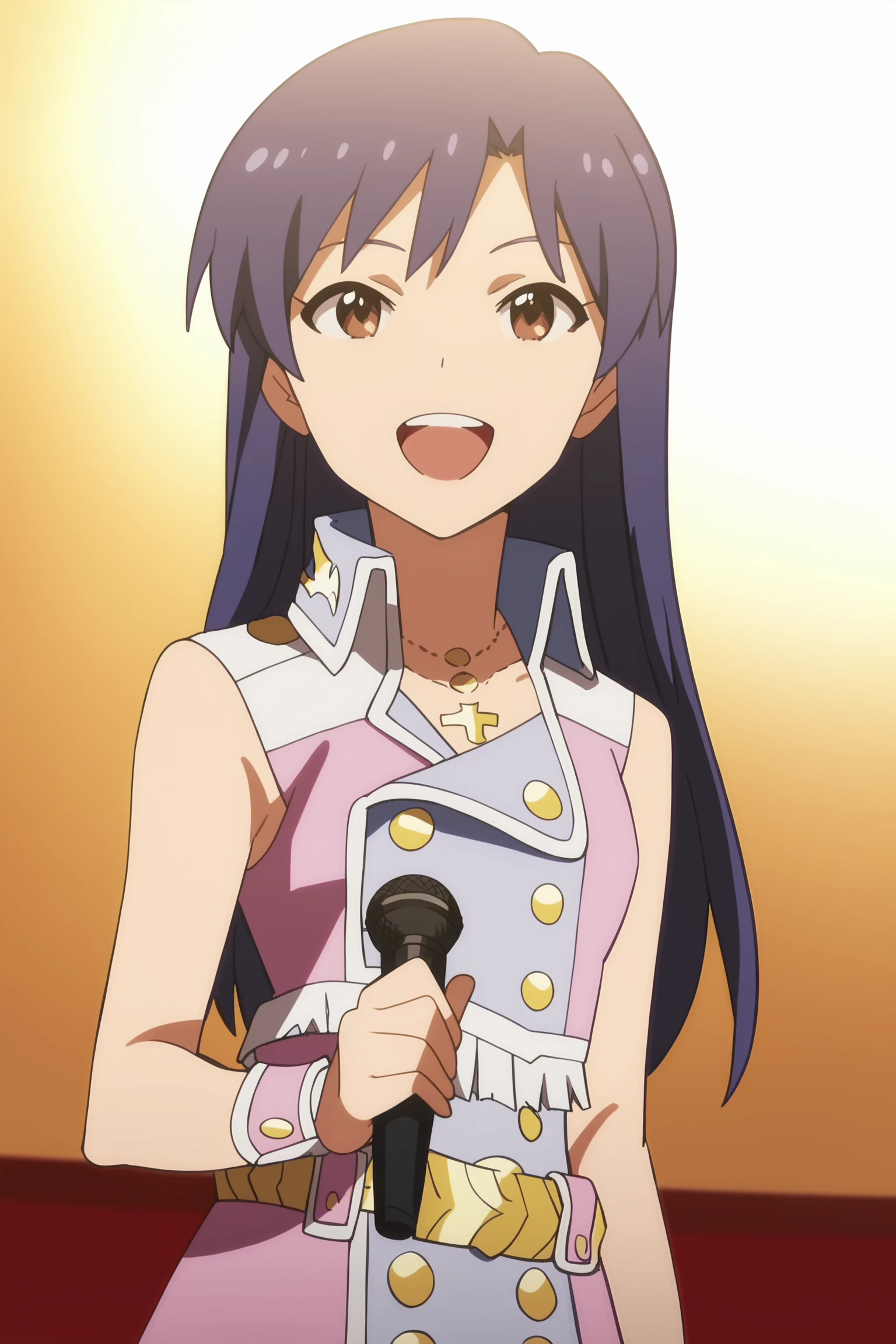 score_9, score_8_up, score_7_up, anime screencap,
on an idol stage, spotlight,
 <lora:Chihaya_Kisaragi:1>1girl, solo, blue hair, long hair, brown eyes, Chihaya pink and gray idol outfit,
holding a microphone, singing, happy girl, expressive eyes