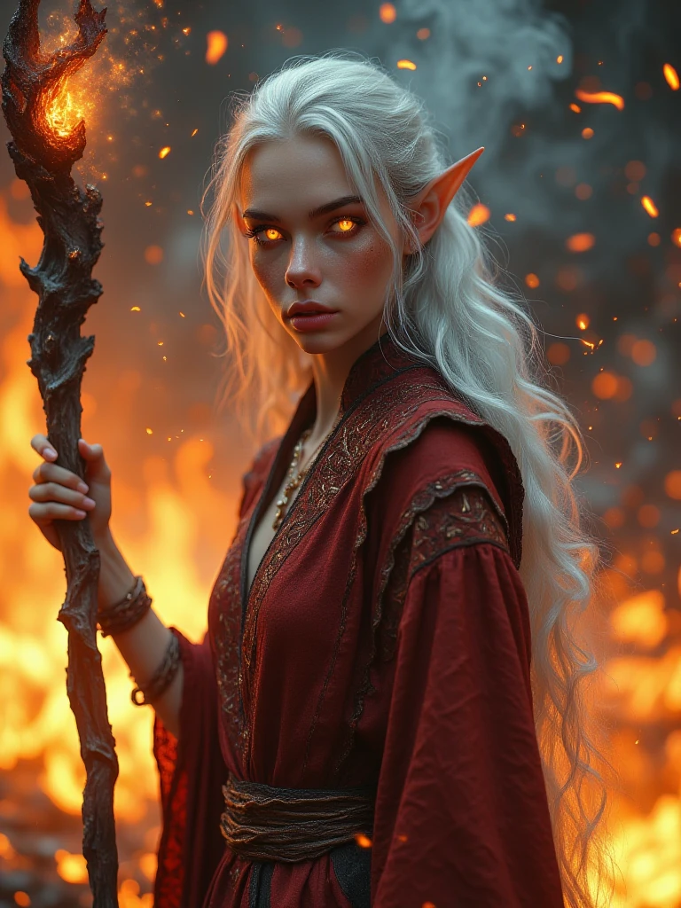 A hyper-realistic portrait, photorealistic photo close-up image of A tall, slender elf with flowing silver hair stands in the heart of a blazing inferno. Her sharp, angular features are illuminated by the flickering light of the fire surrounding her. Her eyes glow an eerie shade of amber, reflecting the chaos that rages around her. Smoke curls around her like a living thing, mingling with the long, dark red robes that billow in the heat. The fabric is embroidered with ancient runes, glowing faintly as she channels elemental magic. In her hand, she wields a staff made of twisted, blackened wood, its top adorned with a glowing ember that pulses with power. Flames dance at her feet, yet she remains untouched by their heat, her expression one of calm control. Her pale skin contrasts sharply with the fiery backdrop, adding an ethereal quality to her presence. As the firestorm rages around her, she raises her staff, calling forth even greater flames to bend to her will. (photography, high-resolution, dynamic, energetic,hyper-realistic, dramatic lighting, shallow depth of field.),