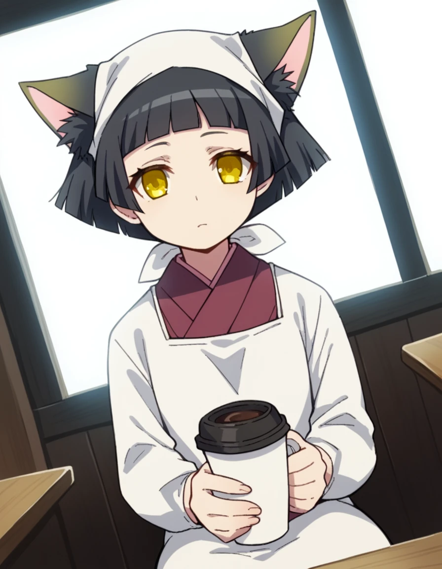 score_9, score_8_up, score_7_up, source_anime, <lora:dorm-mistress-s2-ponyxl-lora-nochekaiser:1>, dorm mistress, short hair, black hair, animal ears, yellow eyes, cat ears,, japanese clothes, kimono, apron, head scarf,, cafe, coffee cup, barista, sitting down, talking, relaxing, sunlight through window, , v,, looking at viewer, solo,, dutch angle, cowboy shot