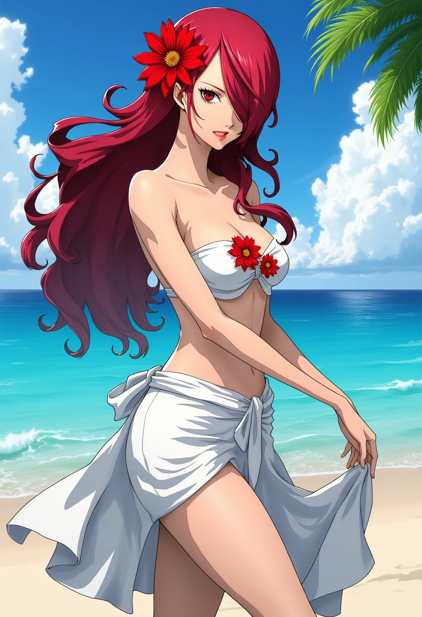 A detailed solo portrait of mitsuru kirijo
Anime style, sharp, high contrast and highly detailed.,
<lora:persona_3_mitsuru_kirijo_flux_v1_2-000013:1>,,
Full body.
She is wearing a a two-piece white swimwear that emphasizes simplicity and elegance. The top is a bandeau-style bikini, with one side adorned by a bold red flower, giving a unique and feminine touch to the outfit. The lower part consists of a matching wraparound skirt, tied at the side, creating a flowy and beach-ready vibe. The skirt partially reveals the leg, adding an alluring element while maintaining a sophisticated look.