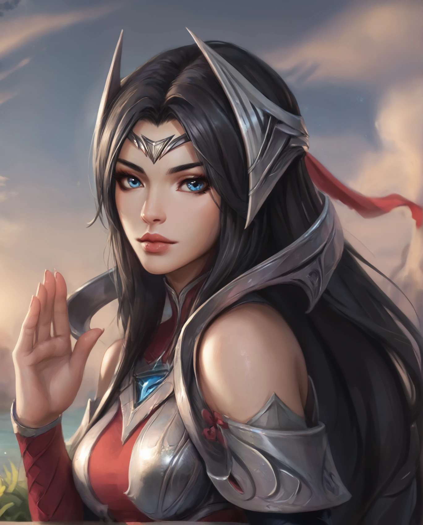 (masterpiece, best quality:1.3), 1girl, irelia, face, full frontal, face focus, portrait, blue eyes, black hair, long hair, lips, collarbone, bare shoulders, looking at viewer, circlet, breastplate, indoors, garden, <lora:Irelia:0.7>