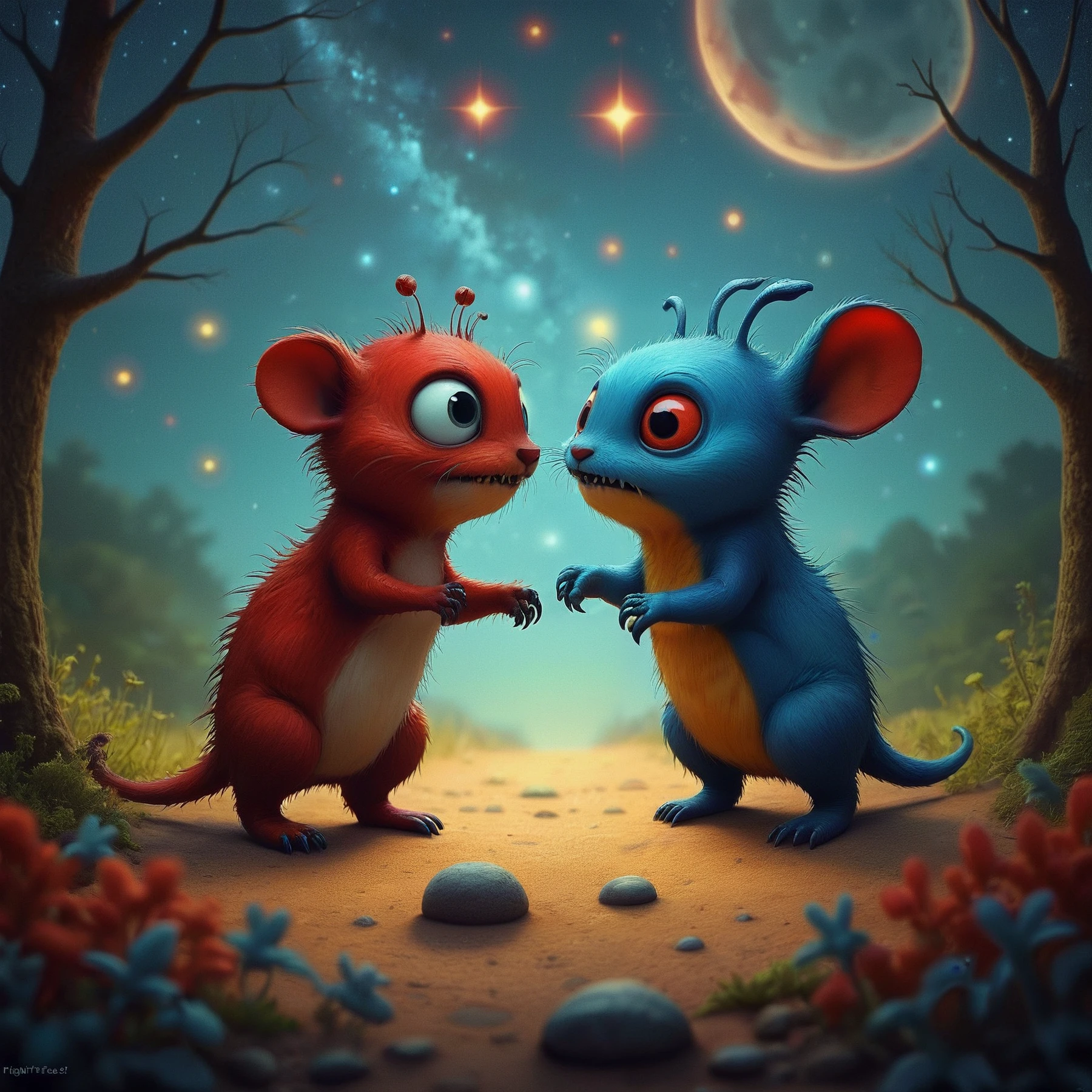 Red critter arguing with blue critter about the stars in the sky.

<lora:FrightNight01_CE_SDXL_64x32x180x2bOT:0.6> frghtnghtCE style