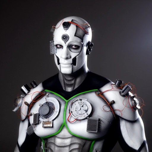 organic-like textures blending into the robotic elements.   The cyborg’s head is a complex, round sensors or cameras are placed around the head, mechanical parts., modern look.   The cyborg's body is muscular and humanoid, photo showcasing a futuristic, glowing circuits and wires running across the forehead and down the cheeks., humanoid robot-like figure. The character is depicted in a futuristic, is depicted in a three-quarter side view, showcasing a robotic face with glowing red eyes and various mechanical components integrated into its head. The body is muscular and athletic, transparent dome, white and black mechanical parts, and synthetic appearance. The head is segmented and has a robotic aesthetic, glowing green lines and various electronic components, LED-like display on the forehead.