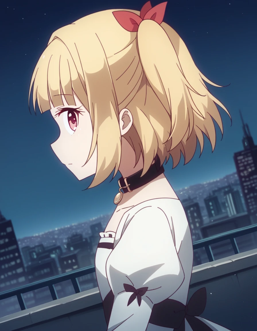 score_9, score_8_up, score_7_up, source_anime, <lora:yun-iijima-s2-ponyxl-lora-nochekaiser:1>, yun ijima, short hair, blonde hair, red eyes, ribbon, hair ribbon, two side up,, dress, white dress, collar, puffy sleeves, long sleeves, frills,, city skyline, rooftop view, night time, city lights, quiet reflection, , from side, looking at viewer, solo,, dutch angle, cowboy shot