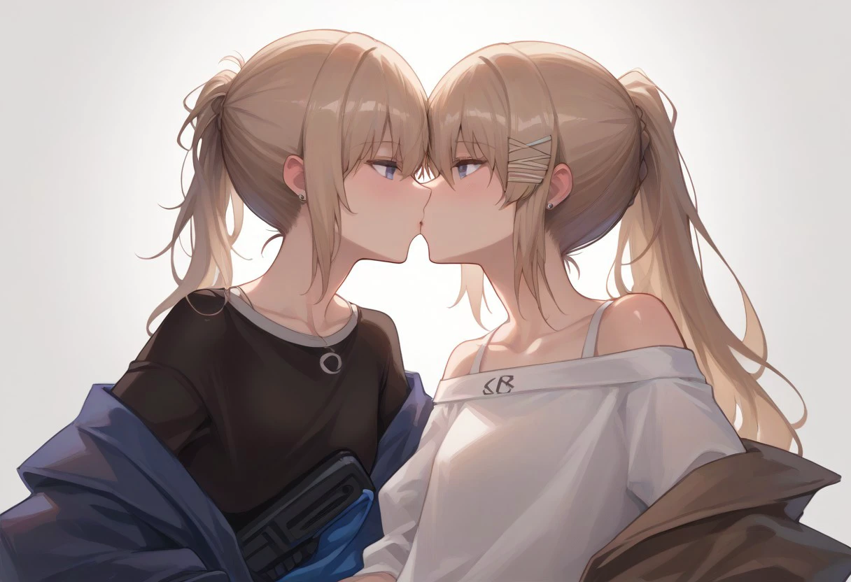 score_9, score_8_up, score_7_up, source_anime, BREAK sitting, 2girls, kissing, long hair, blonde hair, hairclip, ponytail, shiny skin, off-shoulder, shirt, long sleeve, from side