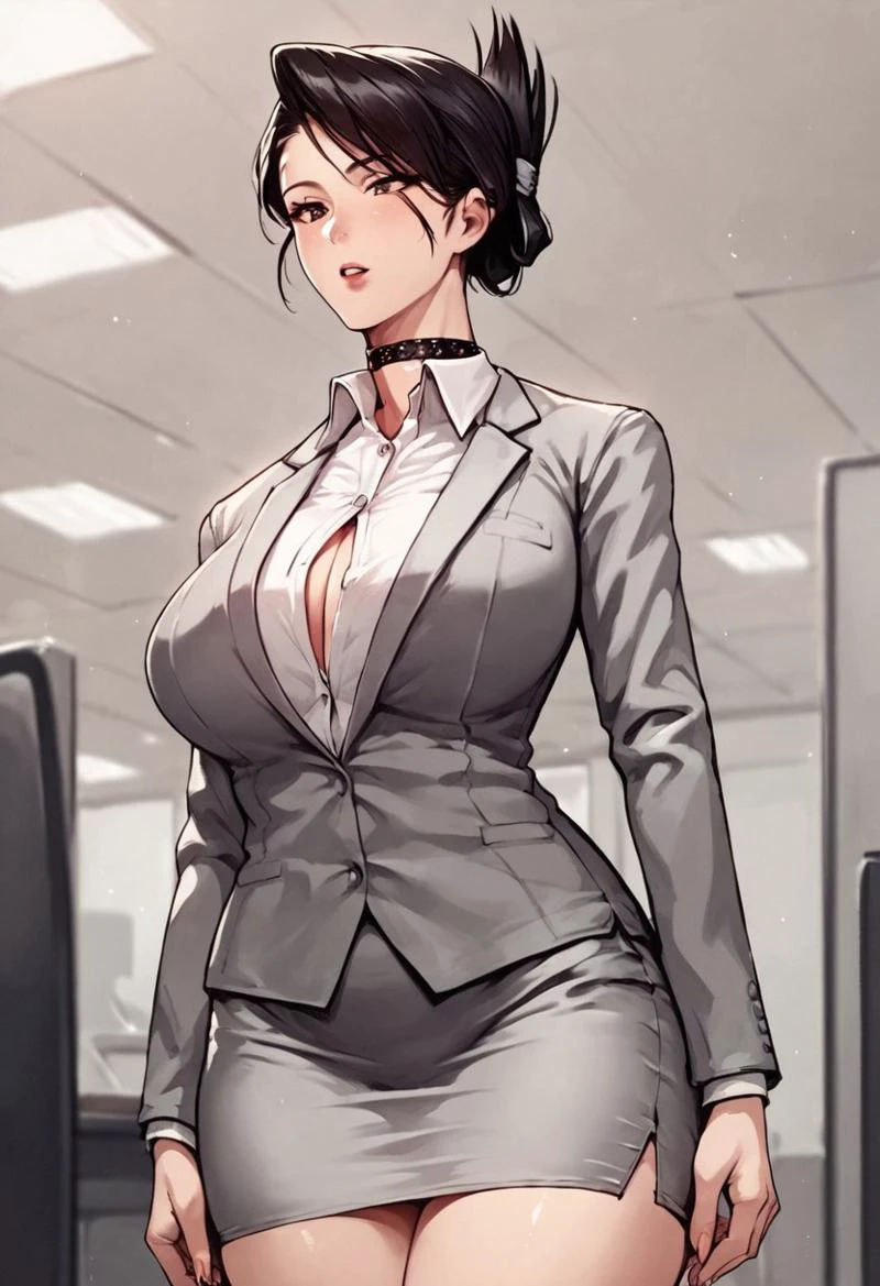 score_9, score_8_up, score_7_up, score_6_up, source_anime, manga style BREAK OgaChiz, 1girl, grey suit, black hair, folded ponytail, shirt, buttoned collar, choker, large breasts, pencil skirt, office