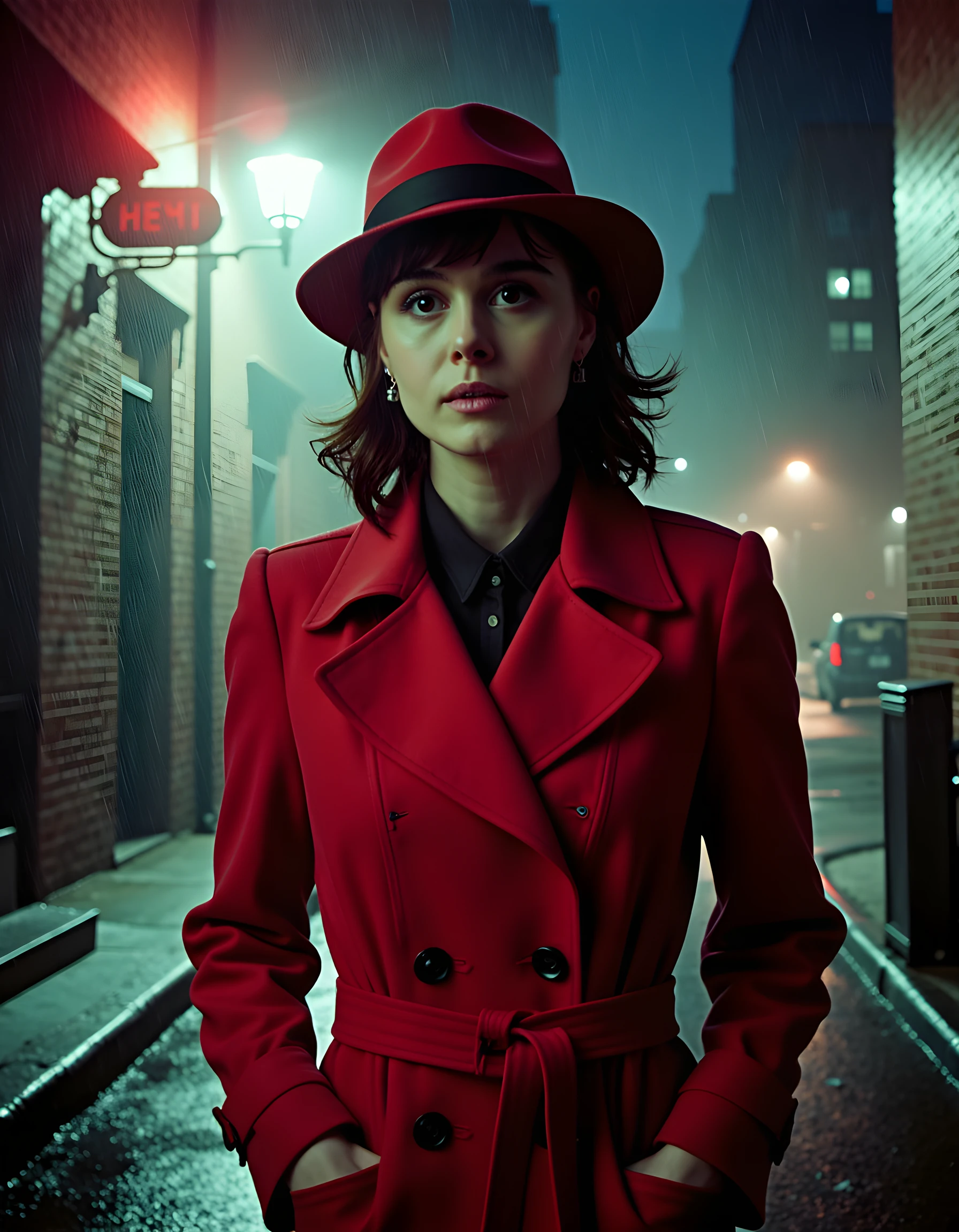 In a noir-inspired scene, set against the gritty backdrop of a rainy 1940s New York City alleyway, CHR15T1N3B, a woman clad in a vibrant red trench coat with a matching fedora tilted slightly over one eye, stands confidently with her hands on her hips. The camera angles low and dramatic, captures her in a close-up shot, highlighting the determined expression etched across her face as she gazes intently into the distance, all while raindrops bead on her coat and illuminate the scene with an eerie, ethereal glow from the streetlight overhead. The background is filled with the hazy mist of the rainy cityscape, adding to the mysterious and suspenseful atmosphere.