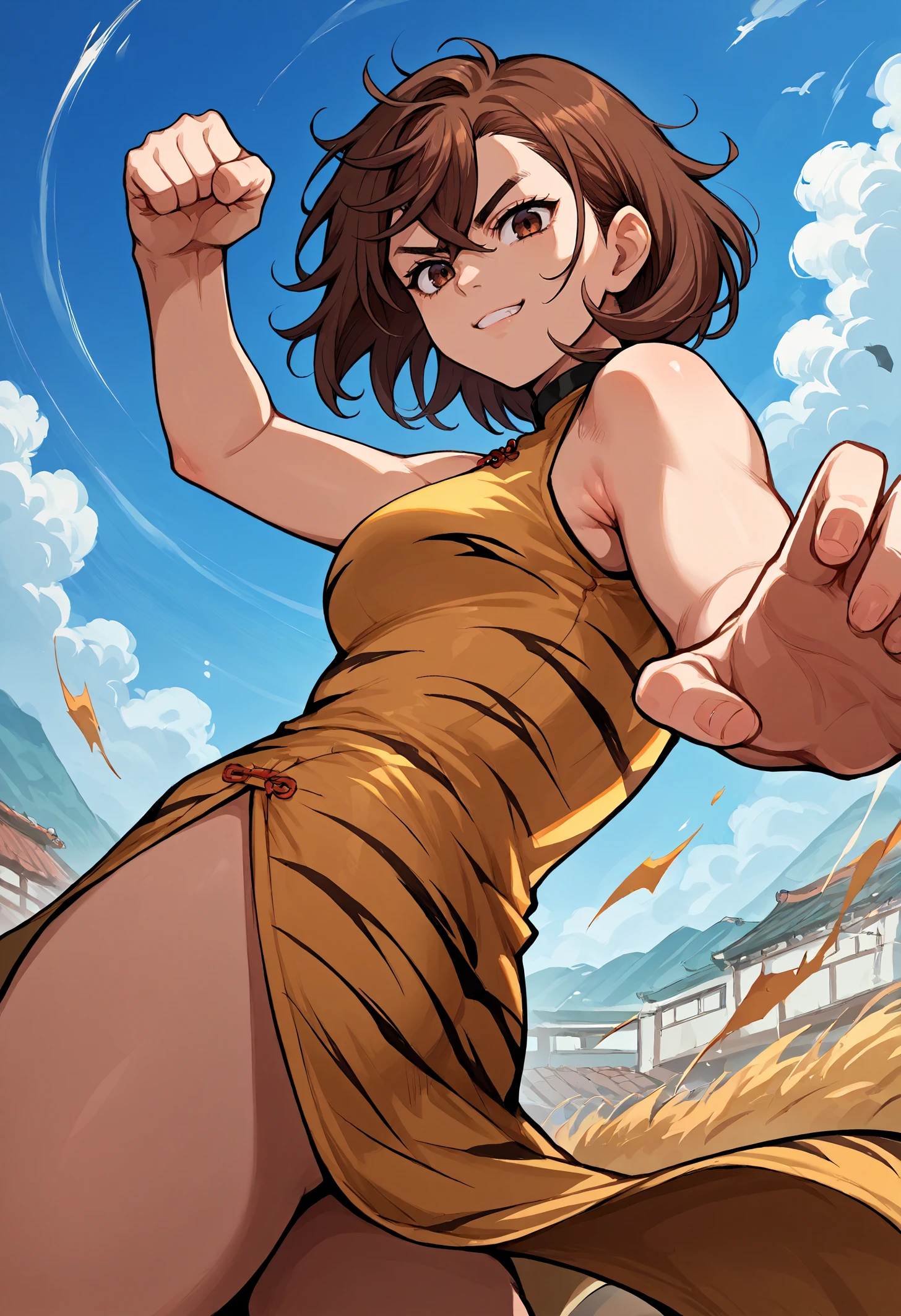 score_9, score_8_up,score_7_up, source_anime, 1girl, solo, aysmm, medium breasts, brown hair, brown eyes, medium hair, black choker, <lora:aysmm_pdxl_EliPot:1>,
 china dress, tiger print, from side, blue sky, smile, looking at viewer, fighting stance, from below, serious