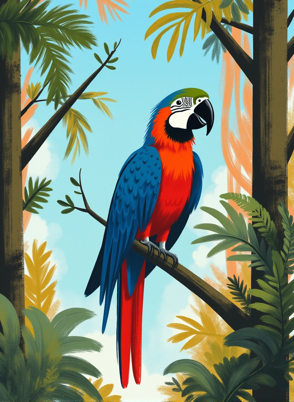 r0ygb1v digital illustration, a large macaw on a branch in a forest, surreal beauty, brush texture and dappling, minimalist modern abstract art style, muted earth tones, blue sky