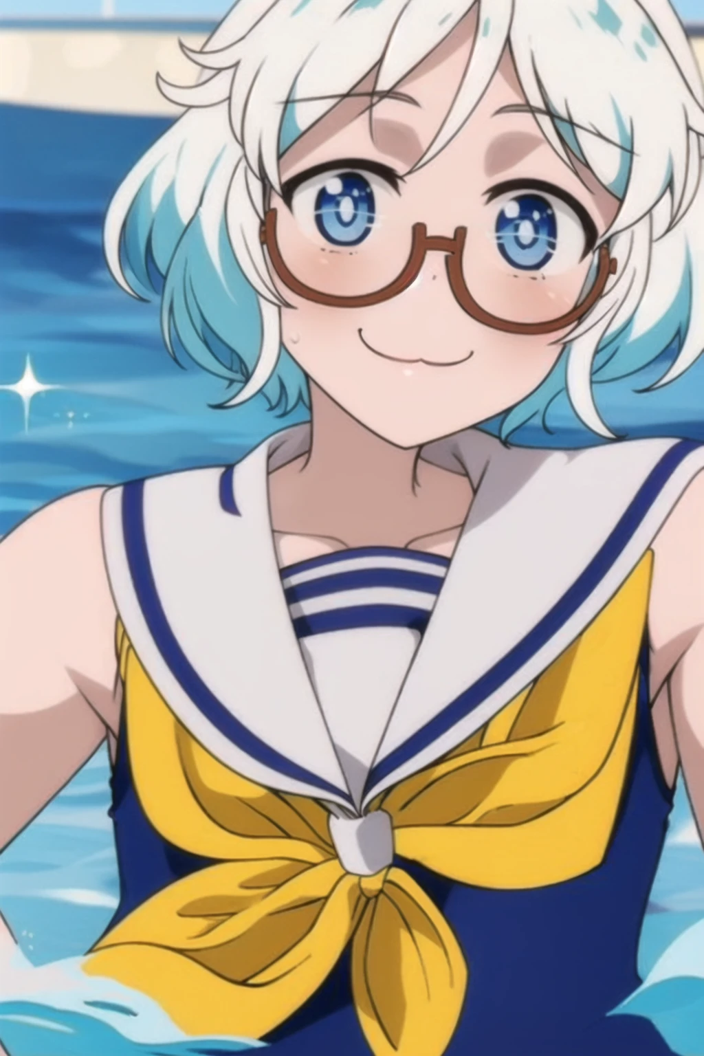 , ballet <lora:kanaver:1> shiroumi kana , 1girl , aqua hair , blue eyes , fins , red-framed glasses , yellow neckerchief , one-piece swimsuit , sailor collar , short white hair , smiling  , close-up <lora:uwu:1> ;3 , uwu