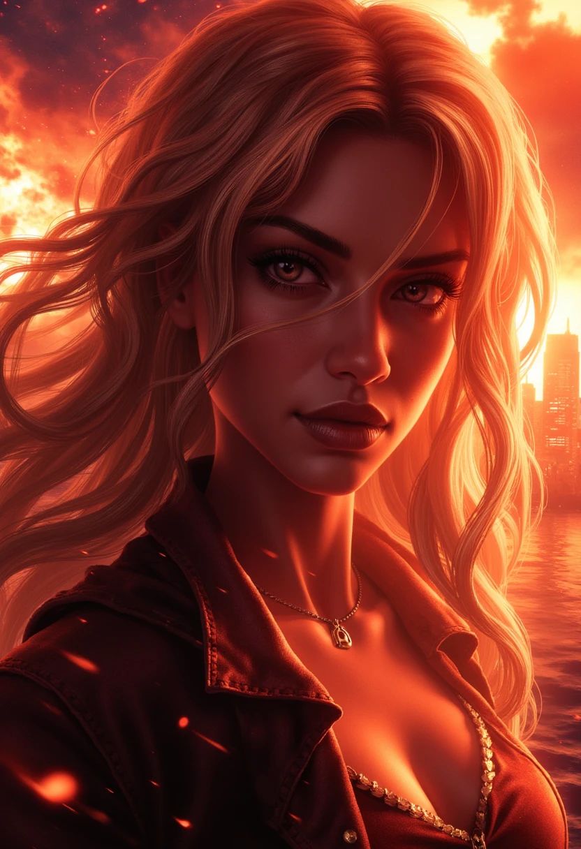 Pastel of Black Canary who Take a sunset cruise in The explosion set buildings ablaze for blocks around, mystical, contrasting colors, Ruler of the Skies glowwave. Hyperrealistic, Highly Detailed, professional Artgerm and Greg Rutkowski and Alphonse Mucha, unreal 5, DAZ, hyperrealistic, octane render, RPG portrait, dynamic lighting, fantasy art, beautiful face