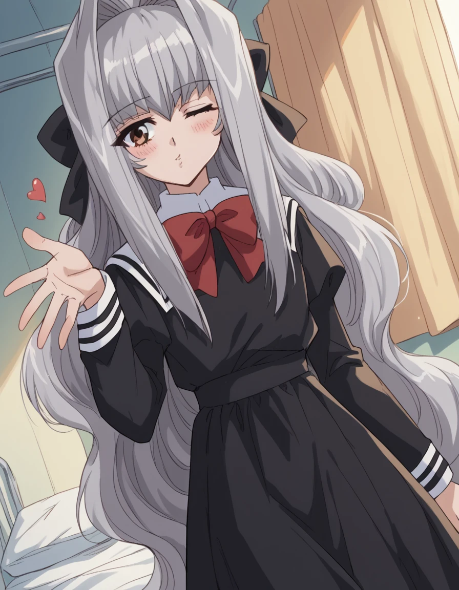 score_9, score_8_up, score_7_up, source_anime, <lora:anju-maaka-s1-ponyxl-lora-nochekaiser:1>, anju maaka, long hair, bow, ribbon, brown eyes, very long hair, hair bow, grey hair, sidelocks, hair intakes, black hair bow,, long sleeves, dress, bow, ribbon, school uniform, bowtie, black dress, red bow, red bowtie, hospital room, bedside, get well flowers, comforting, quiet, smile, <lora:blowing-kiss-ponyxl-lora-nochekaiser:1>, blowing kiss, pucked lips, heart, one eye closed, o3o, hand up, bed room, bed, blush, cowboy shot, dutch angle,, looking at viewer, solo,, dutch angle, cowboy shot