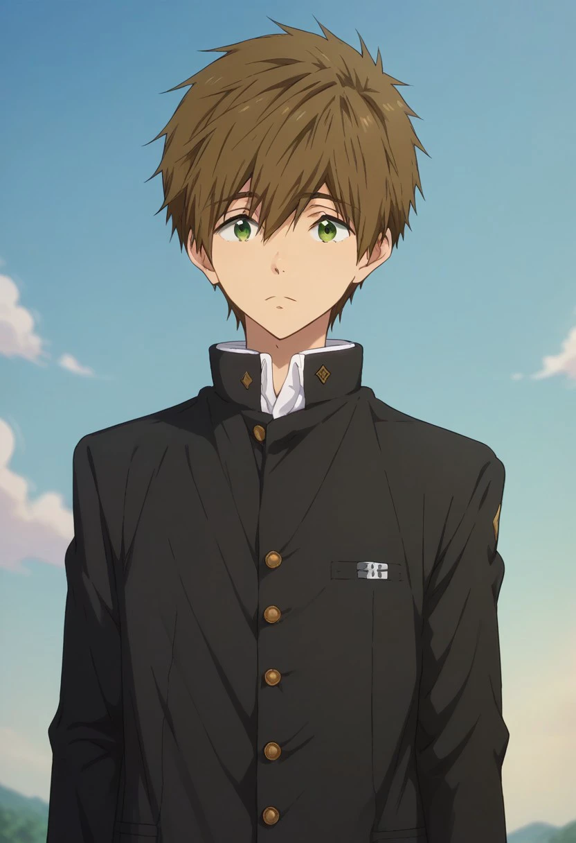 score_9, score_8_up, score_7_up, source_anime, highly detailed, 

makoto,1boy, male focus, solo, brown hair, hair between eyes, green eyes, school uniform, gakuran, jacket, black jacket,
slender, skinny,
outdoor, sky,