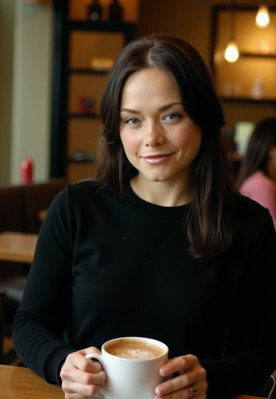 A professional photograph of a young woman, p1x1e, wearing a black sweater, holding a latte in a cafe, SFW<lora:Pixie_aka_Nadia-000015:1>