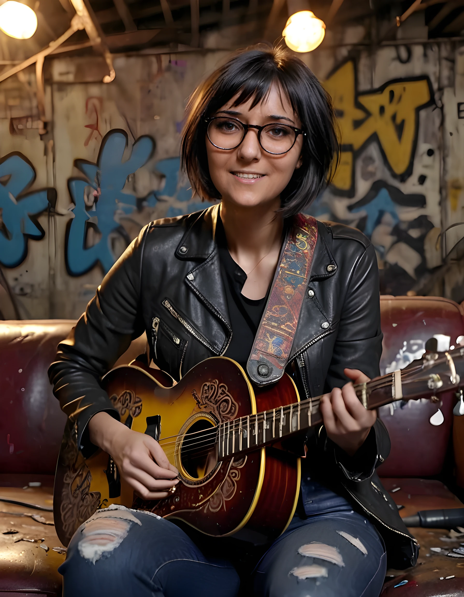 A close-up image of Jul14N4C, a woman with short, sleek black hair and glasses perched on the bridge of her nose, is captured in a grunge-inspired setting. She's seated on an old, worn leather couch in an abandoned warehouse, surrounded by rusty metal debris and graffiti-covered walls. The camera angle is slightly above, looking down at her as she smiles sweetly while strumming an electric guitar adorned with intricate designs, the strings glowing faintly under the dim, yellowish light of a single hanging bulb, creating a raw and emotional tone that speaks to the depth and passion in her performance.