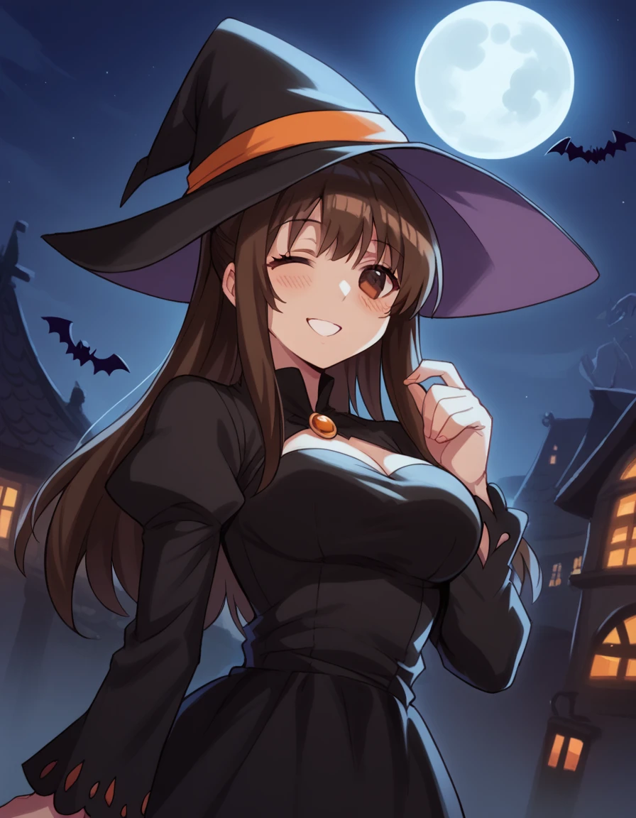 score_9, score_8_up, score_7_up, source_anime, <lora:yuzuru-inamori-s2-ponyxl-lora-nochekaiser:1>, yuzuru inamori, long hair, brown hair, brown eyes, ponytail, large breasts,, <lora:witch-ponyxl-lora-nochekaiser:1>, witch, hat, witch hat, dress, halloween, halloween costume, jewelry,, night, moon, blush, smile, one eye closed,, , dutch angle, cowboy shot