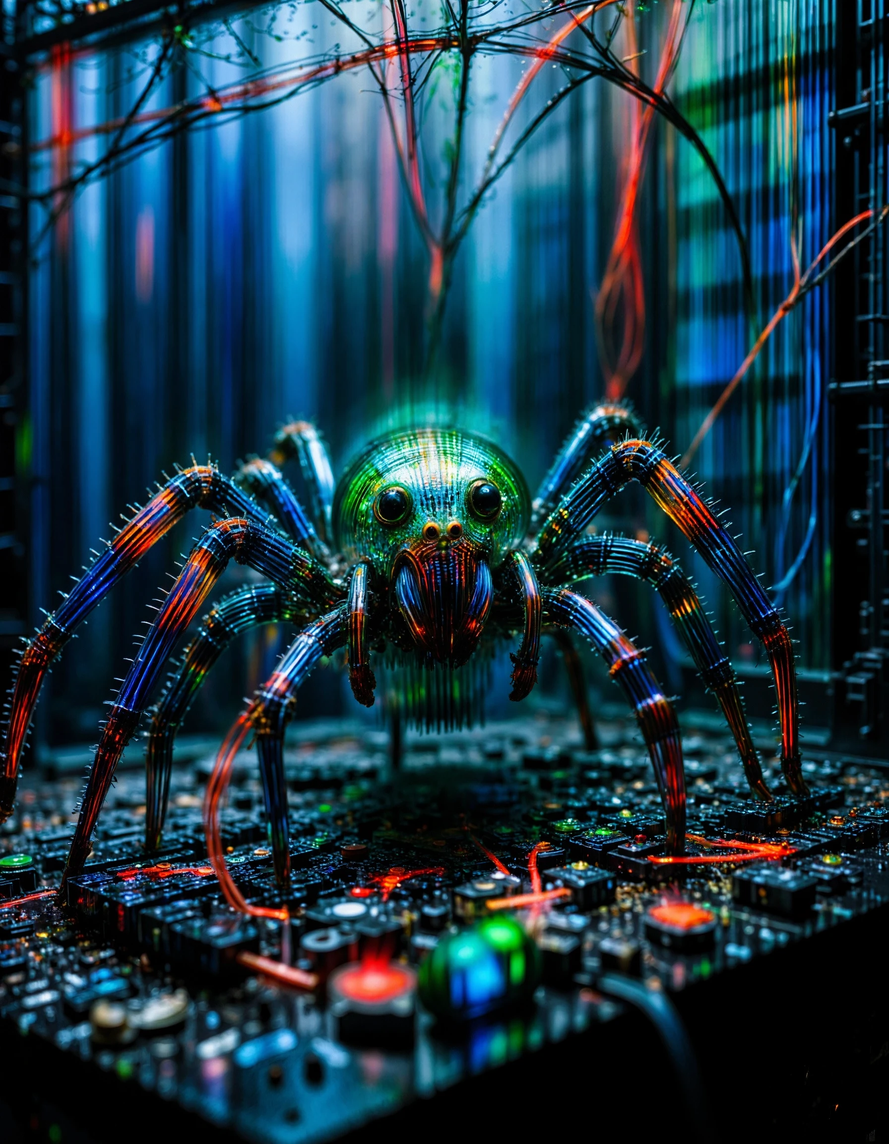 A cybernetic spider weaving webs of electrified wire, its eight eyes glowing green, crawling through the remains of an abandoned computer server.