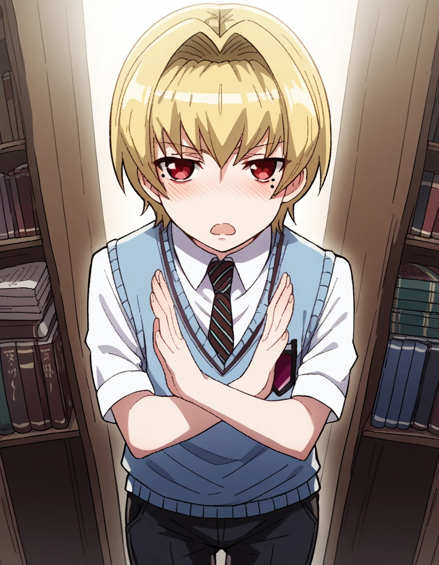 score_9, score_8_up, score_7_up, source_anime, <lora:mariya-shidou-s2-ponyxl-lora-nochekaiser:1>, mariya shidou, short hair, blonde hair, red eyes, mole, mole under eye, androgynous,, school uniform, necktie, sweater vest, pants, black pants, collared shirt, blue vest,, bookstore, browsing shelves, new book smell, finding a favorite, quiet atmosphere, , <lora:x-arms-ponyxl-lora-nochekaiser:1>, x arms, blush, open mouth, leaning forward,, looking at viewer, solo,, dutch angle, cowboy shot