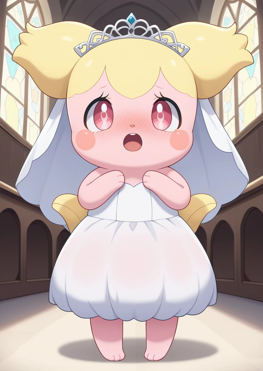 score_9, score_8_up, score_7_up, score_6_up, score_5_up, BREAK
hottoni, anthro, female, 1girl, rating_safe, solo, open mouth, standing, full body, pink eyes, indoors, church, no humans, blush stickers, blonde, bare feet, pokemon_(creature):0.9, wedding dress, wedding veil, pink skin, blush, nose blush