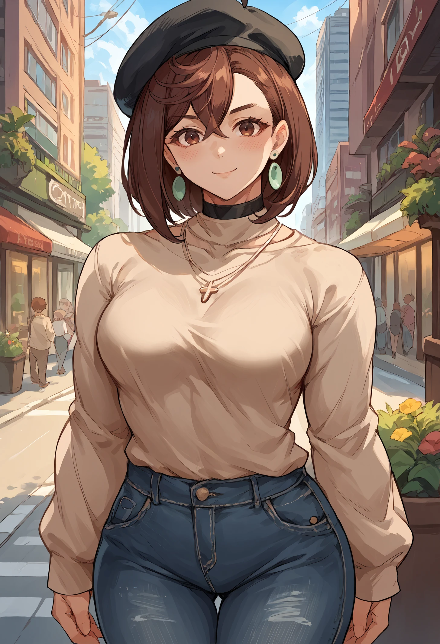 score_9, score_8_up,score_7_up, source_anime, 1girl, aysmm, medium breasts, brown hair, brown eyes, medium hair, black choker, earrings,  jewelry,  <lora:aysmm_pdxl_EliPot:1>,
 black beret, necklace, black turtleneck sweater, beige sweater, denim jeans looking at viewer, smile, blush, biceps, outdoors, city, urban, garden,